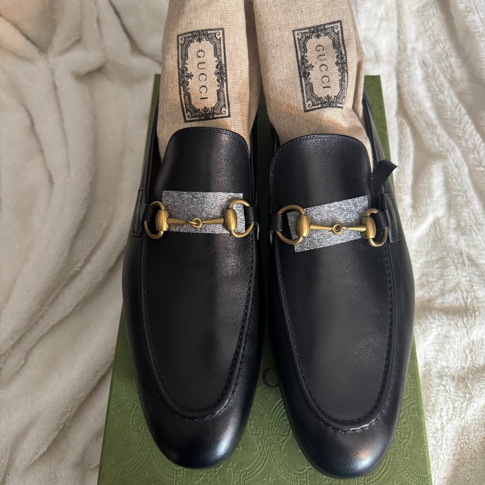 Gucci Jordaan Black Leather Horsebit Loafers with Gold Hardware